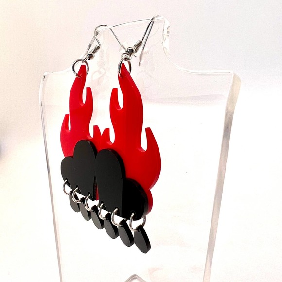 Flaming Heart Earrings - 3D Earrings - Rain Drop Earrings - Halloween Earrings - Picture 2 of 8